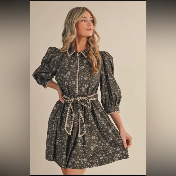 Olive Floral Puff Sleeve Mini Dress - Picture 1 of 2